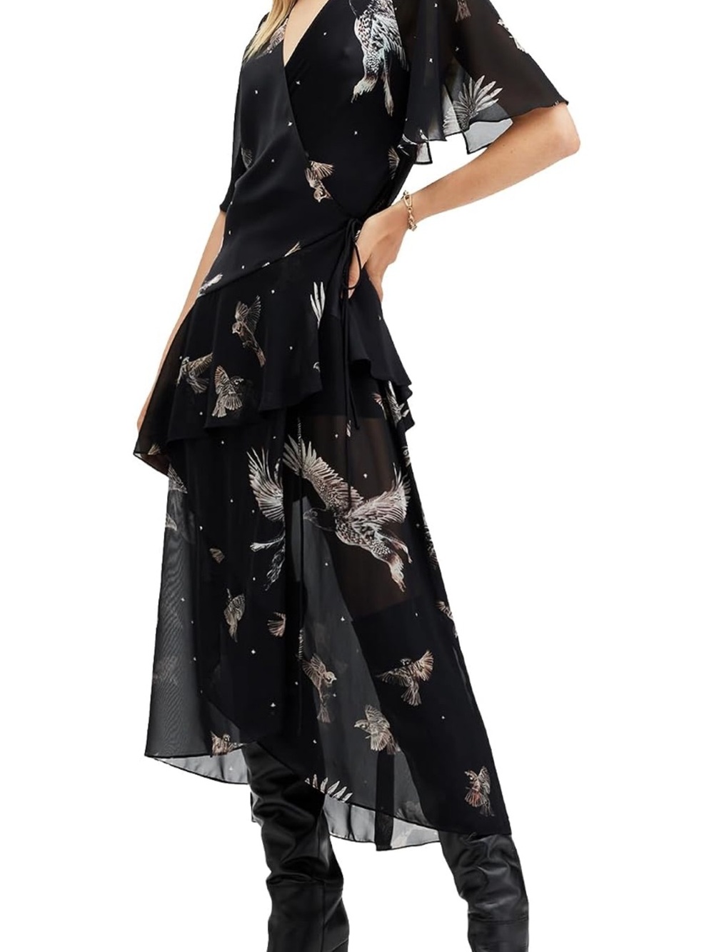 AllSaints Alana Dress Spell Black Size 0 NWT Bird Print Wrap Maxi
